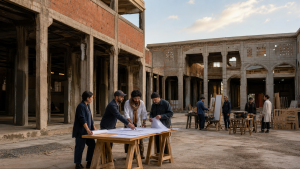 Architects and artists studying plans inside a historic industrial hall in Casablanca