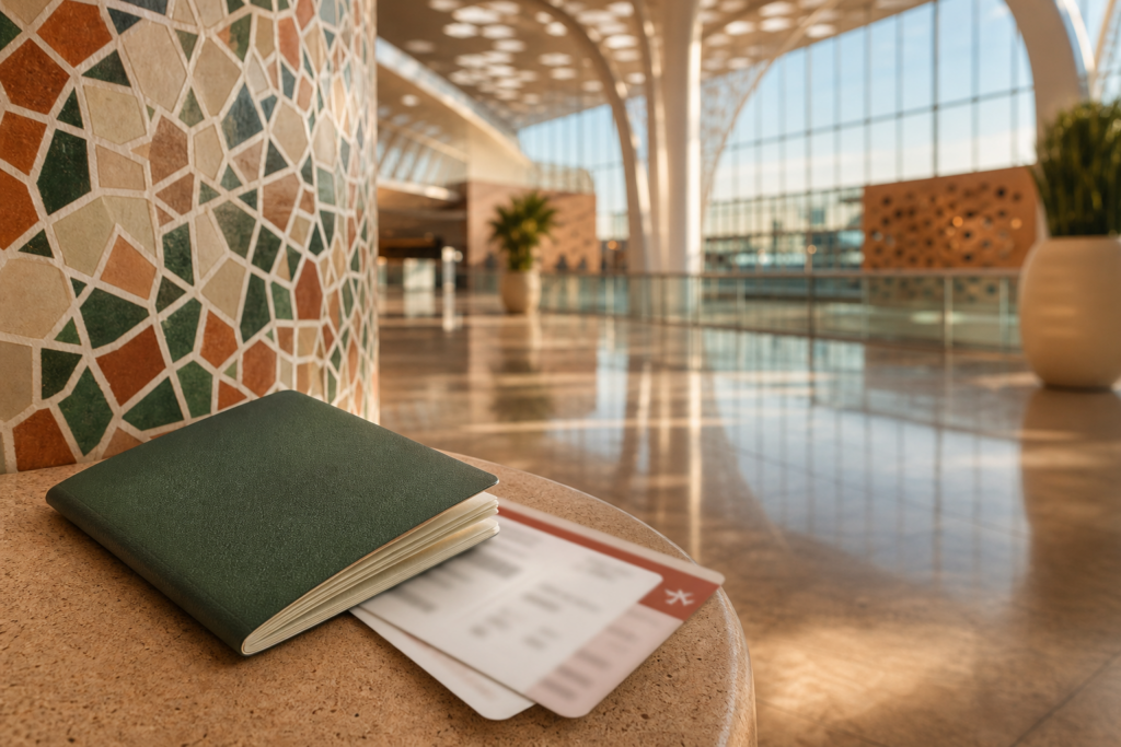 Passeport fermé et carte d’embarquement floutée dans un hall d’arrivée marocain contemporain