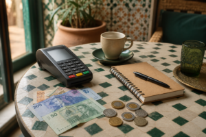 Dirhams, terminal de paiement et carnet de budget sur une table de café marocain