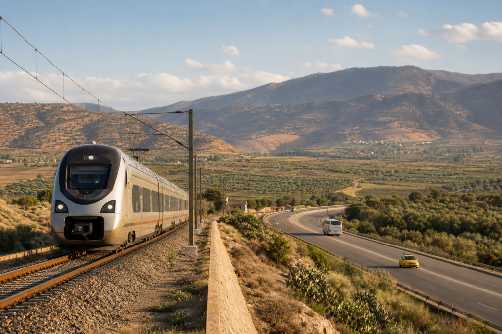 Train de voyageurs et route interurbaine traversant un paysage marocain
