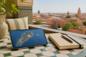 Téléphone affichant une carte connectée du Maroc avec une carte SIM sur une terrasse