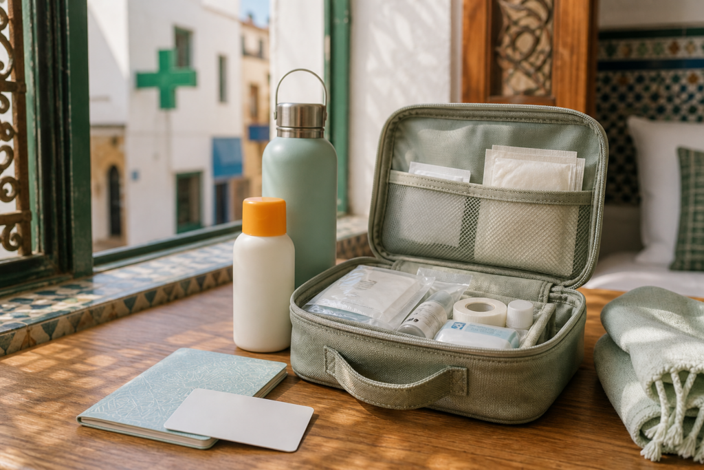 Trousse de santé de voyage, gourde et carte d’assurance près d’une pharmacie marocaine