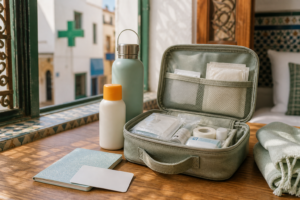 Trousse de santé de voyage, gourde et carte d’assurance près d’une pharmacie marocaine