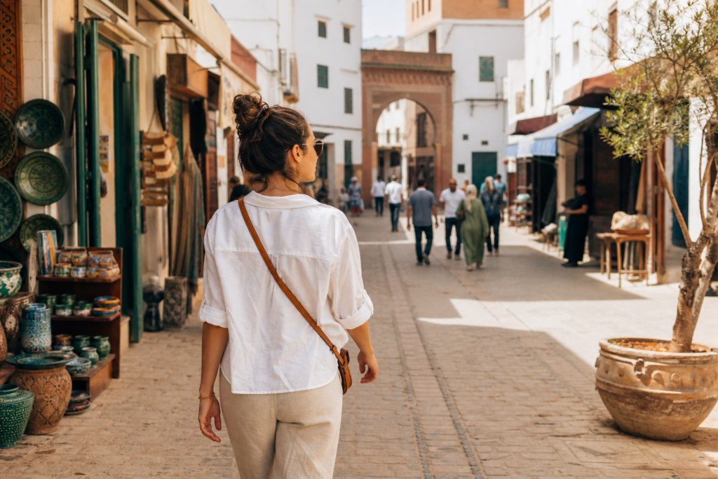 Voyageuse marchant seule dans une rue animée et lumineuse d’une médina marocaine