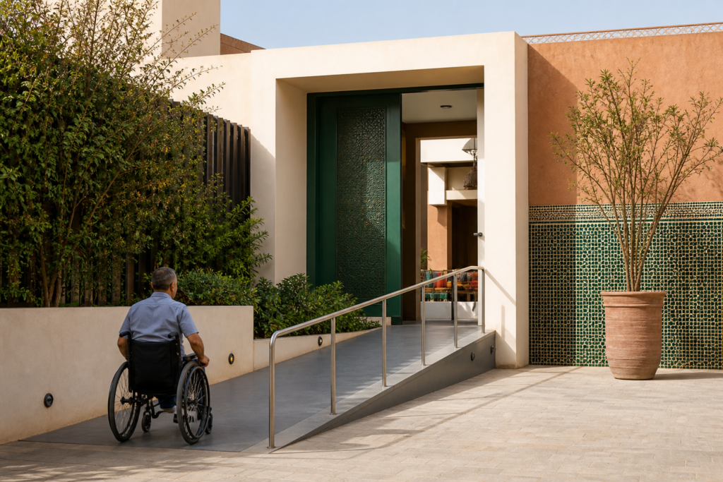 Voyageur en fauteuil roulant approchant une rampe accessible devant un hébergement marocain