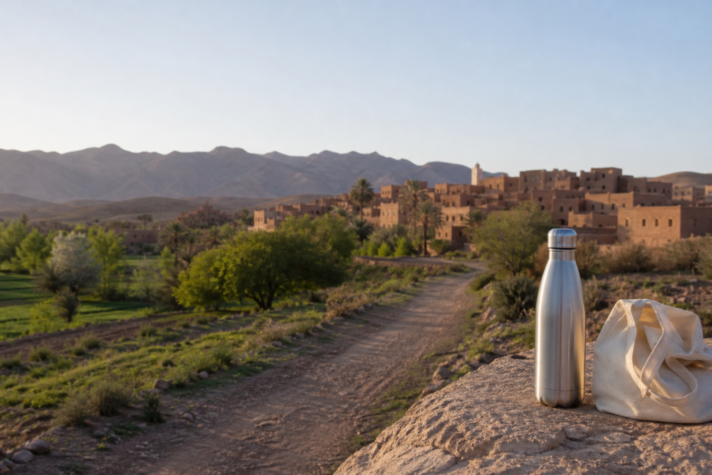 Gourde réutilisable posée près d’un sentier dominant un village marocain dans une lumière douce