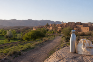 Gourde réutilisable posée près d’un sentier dominant un village marocain dans une lumière douce