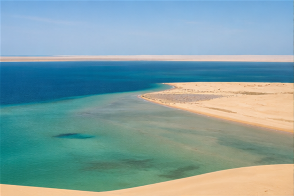 Lagune turquoise de Dakhla bordée de bancs de sable sous un ciel clair
