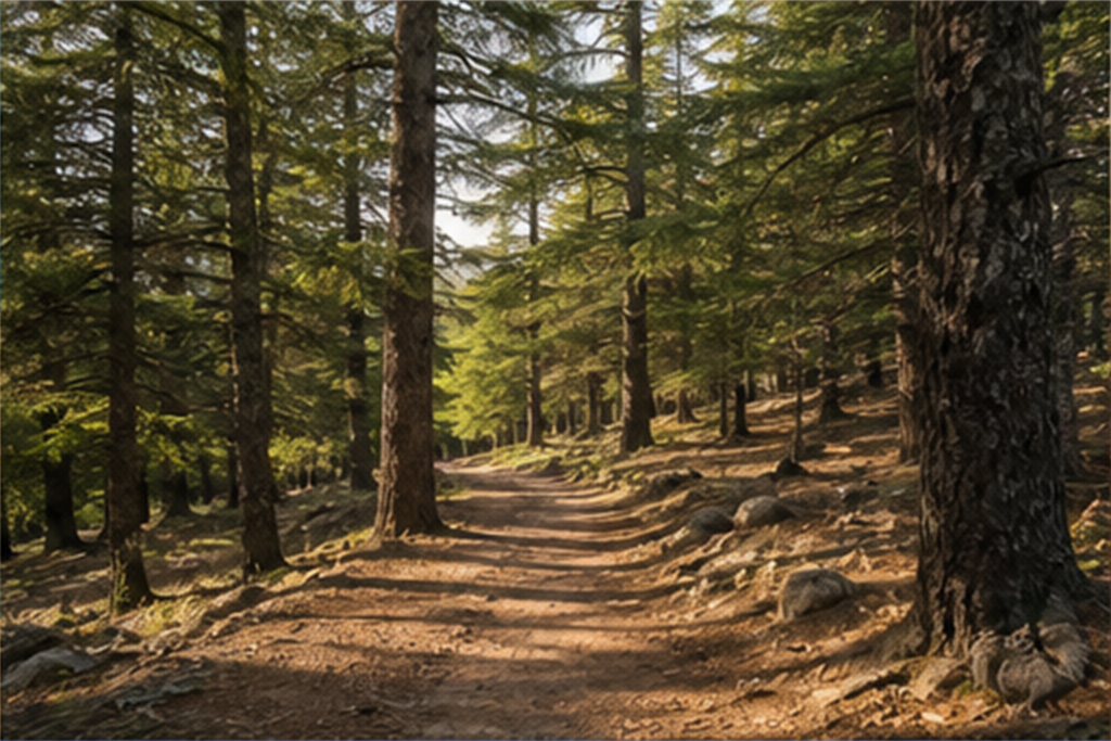 Sentier calme traversant une haute forêt de cèdres près d’Azrou dans le Moyen Atlas