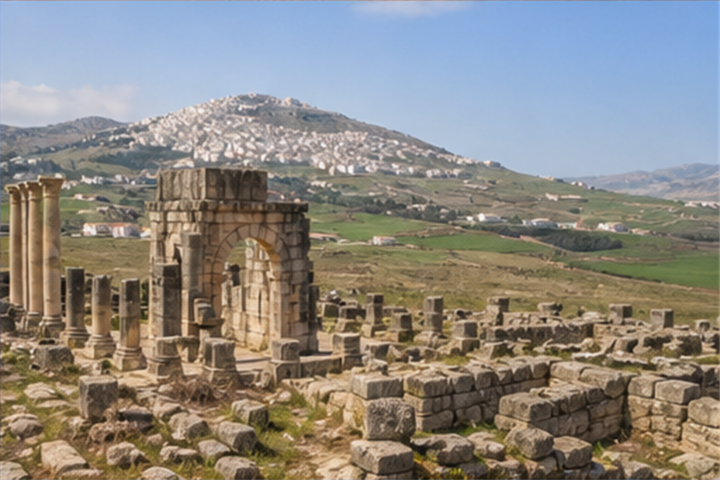 Vestiges romains de Volubilis au premier plan et collines de Moulay Idriss Zerhoun au loin