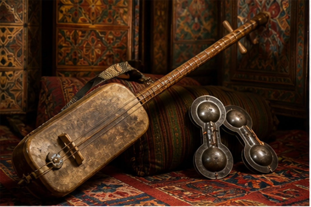 Guembri et qraqeb disposés dans une pièce de musique marocaine aux textiles sobres