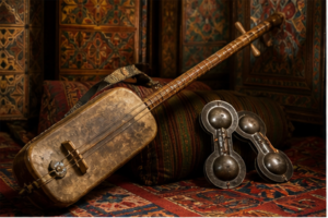 Guembri et qraqeb disposés dans une pièce de musique marocaine aux textiles sobres