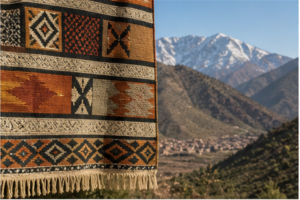 Textile amazigh aux motifs géométriques devant un paysage habité du Haut Atlas