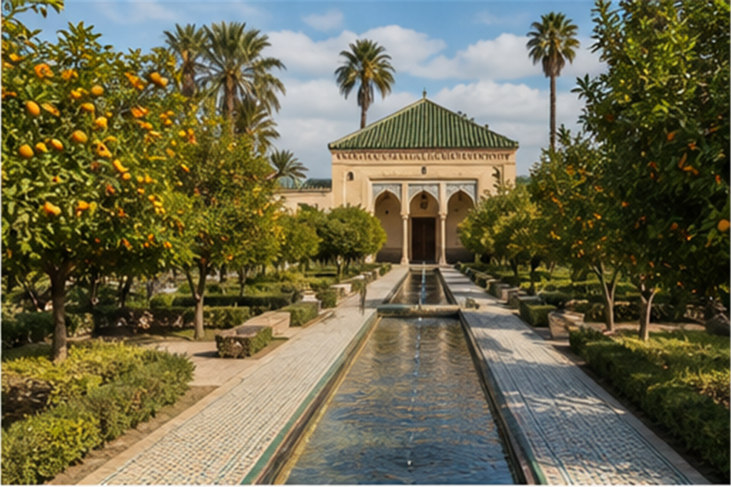 Jardin marocain historique avec long bassin central, orangers et allées géométriques
