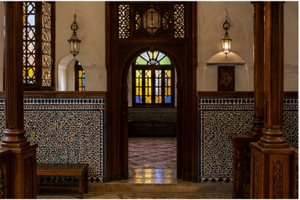 Détail intérieur respectueux d’une synagogue marocaine restaurée avec bois sculpté et zellige