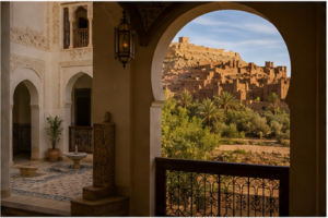 Cour intérieure de riad ouvrant par une arche sur la silhouette lointaine d’une kasbah en terre