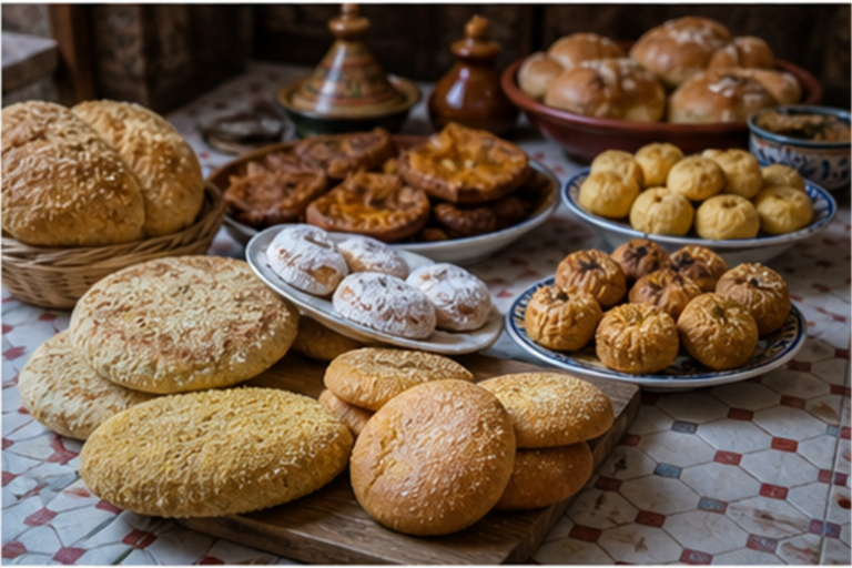 Assortiment naturel de pains, crêpes et pâtisseries marocaines présenté sur une table traditionnelle