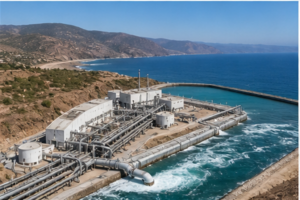 Station de dessalement sur la côte marocaine reliée à un réservoir dans un paysage aride