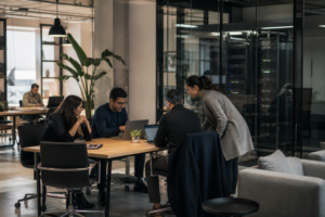 Équipe d’entrepreneurs marocains travaillant dans un espace numérique contemporain devant une infrastructure serveur