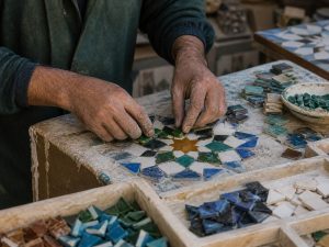 Artisan assemblant des pièces de zellige dans un atelier de Tétouan