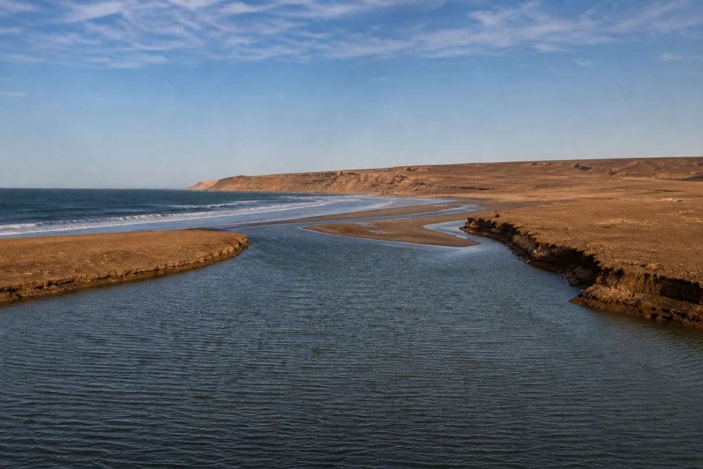 Atlantic lagoon at Khnifiss between ochre cliffs, calm water and an uninhabited desert plateau