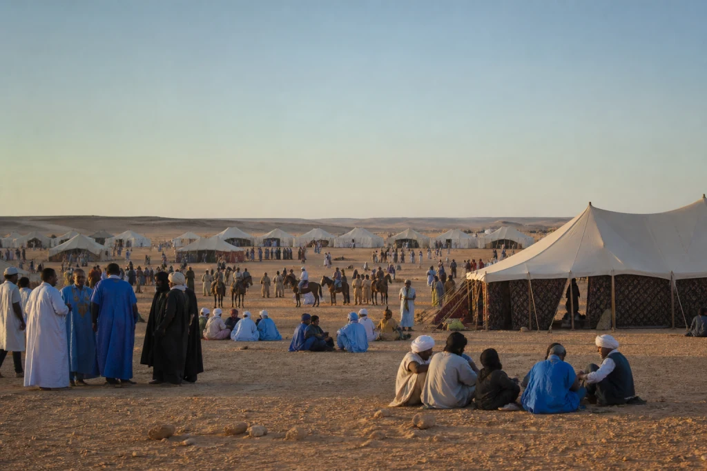 Grand espace de rencontre saharien à Tan-Tan avec tentes traditionnelles, cavaliers lointains et groupes réunis sans scène spectaculaire