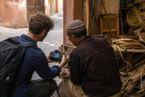 Voyageur montrant l’écran de son appareil photo à un artisan marocain assis dans son atelier