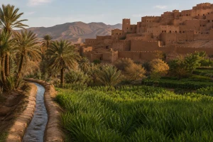 Irrigation channel crossing palm gardens below the earthen ksour of Figuig oasis