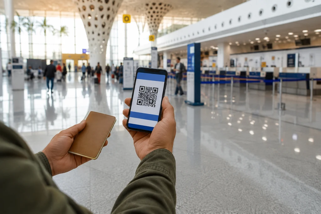 Voyageur présentant sur son téléphone une carte d’embarquement numérique dans un aéroport moderne