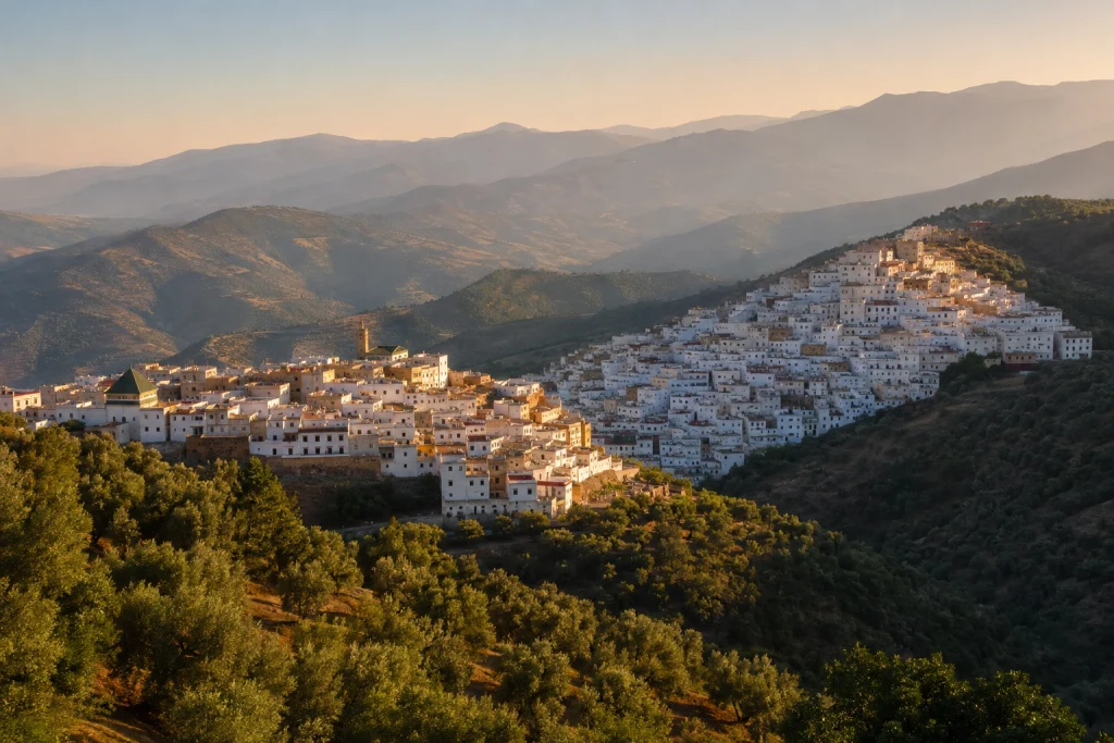 View of Moulay Idriss Zerhoun across its hills in late-afternoon light