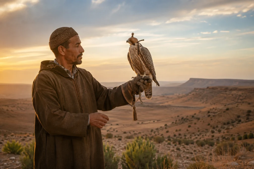 Fauconnier marocain tenant calmement un faucon encapuchonné sur son gant dans un paysage ouvert