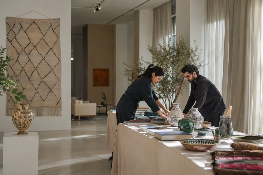 Deux professionnels préparent une table d’exposition consacrée aux cultures marocaines dans un espace contemporain