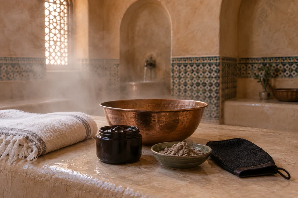 Accessoires de hammam marocain avec savon noir, ghassoul, gant kessa, cuivre, zellige et vapeur légère