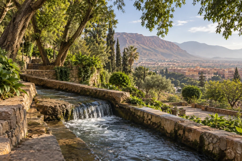 Shaded garden and flowing water below the Atlas foothills in the atmosphere of Ain Asserdoun in Beni Mellal