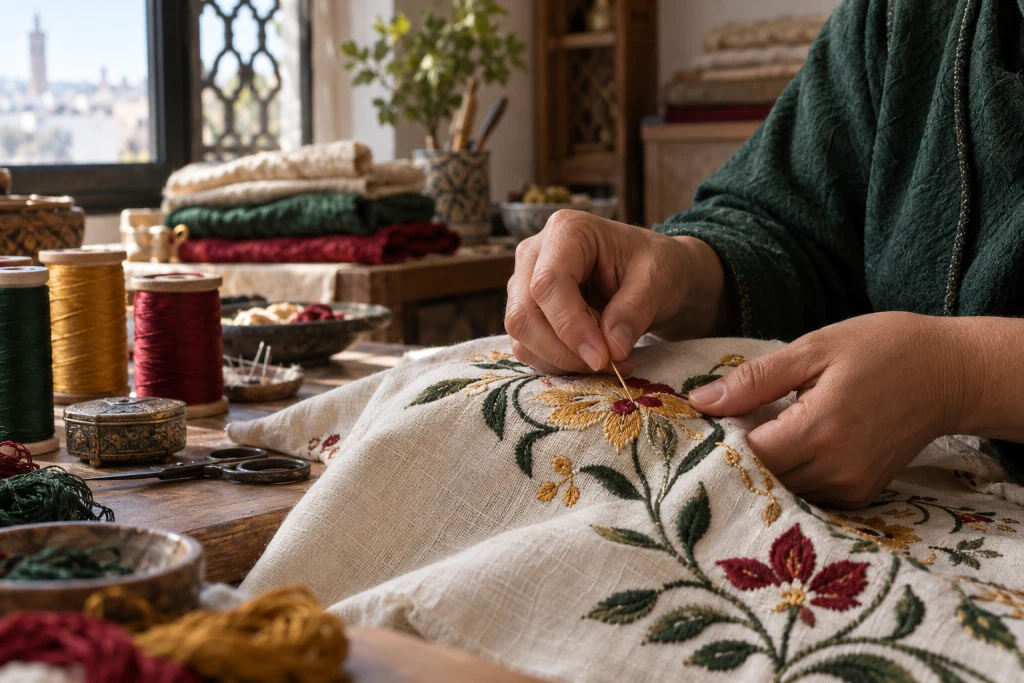 Mains d’une brodeuse marocaine travaillant un motif floral avec des fils de soie dans un atelier de Rabat