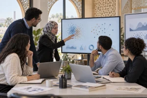 Équipe marocaine travaillant dans un atelier contemporain consacré à l’intelligence artificielle et aux services publics numériques