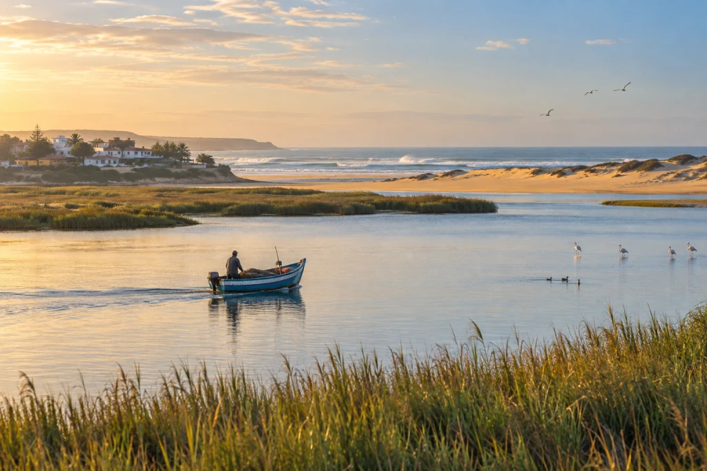 Small fishing boat crossing the Merja Zerga lagoon between reeds, dunes and birds in soft morning light