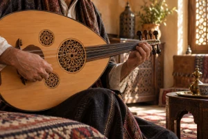 Gros plan sur les mains d’un musicien accordant et jouant un oud en bois dans une pièce marocaine baignée de lumière chaude