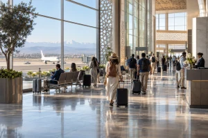 Voyageurs circulant avec leurs bagages dans un terminal aéroportuaire marocain contemporain baigné de lumière naturelle