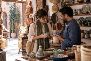 Une voyageuse et un artisan comparent calmement deux bols en céramique dans une boutique de souk marocaine lumineuse