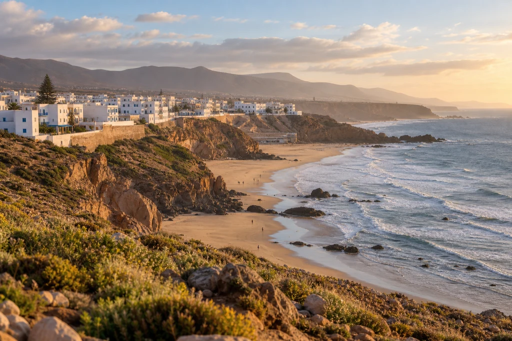 Panoramic view of Sidi Ifni, with white houses above Atlantic cliffs and a long beach in soft evening light