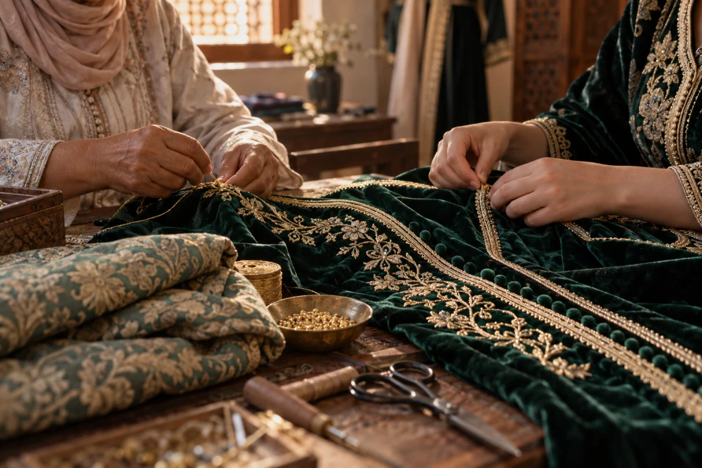 Deux artisanes travaillent ensemble la broderie dorée, les galons et les boutons d’un caftan marocain en velours vert