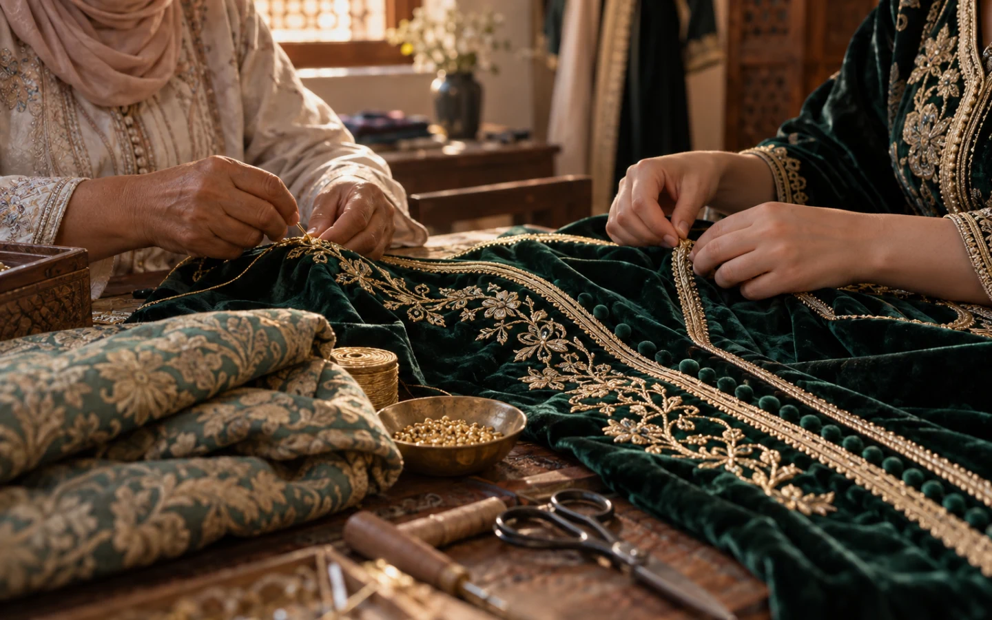 Deux artisanes travaillent ensemble la broderie dorée, les galons et les boutons d’un caftan marocain en velours vert