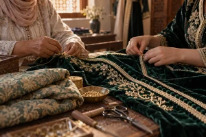 Deux artisanes travaillent ensemble la broderie dorée, les galons et les boutons d’un caftan marocain en velours vert
