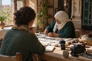 Une artisane marocaine montre un geste textile à une chercheuse qui le documente avec un carnet, un enregistreur et un appareil photo