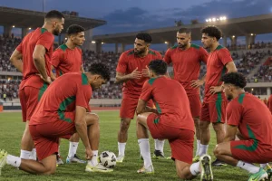 Joueurs marocains fictifs réunis sur une pelouse avant un entraînement dans un stade éclairé