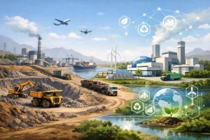 Illustration éditoriale générique d’une chaîne de valeur minière reliant extraction, transformation et technologie.