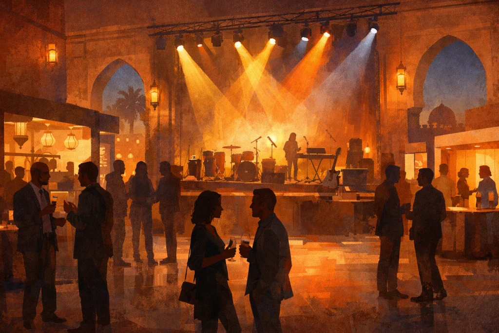 Illustration éditoriale générique d’un festival et marché professionnel de la musique en milieu urbain.