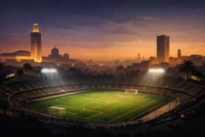 Illustration éditoriale générique d’un stade de football éclairé de nuit entre Casablanca et Rabat.
