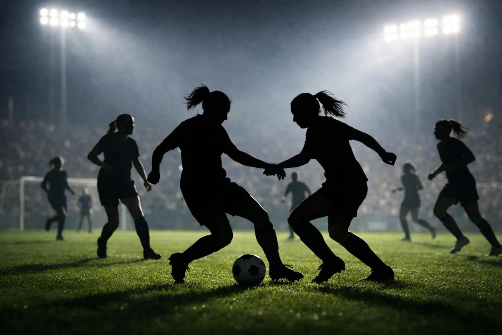 Illustration éditoriale générique d’un match de football féminin de jeunes disputé sous les projecteurs.